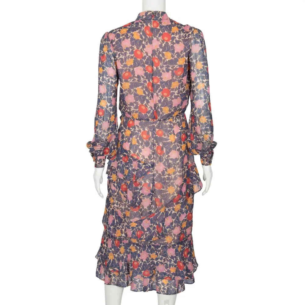 SALONI Royal Blue Silk Chiffon Floral Print Ruffle Accent Midi Dress Size 4 - Picture 2 of 2